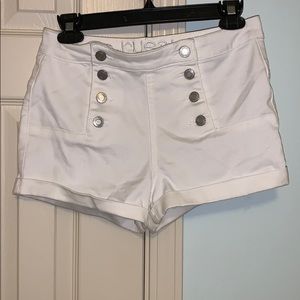 High waisted button up white shorts